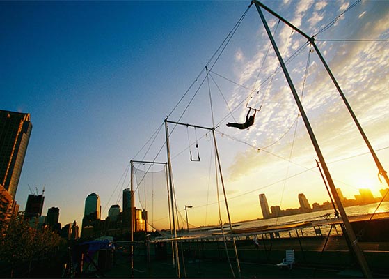 New York City's trapeze school located on the East River of Manhattan