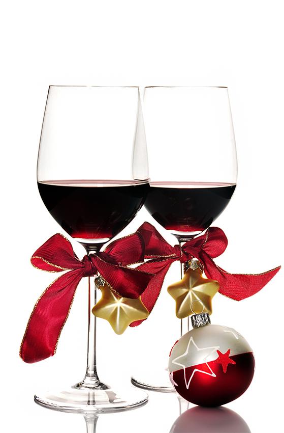 Red wine and Christmas ornaments