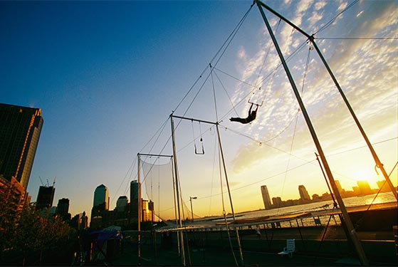 New York City's trapeze school located on the East River of Manhattan